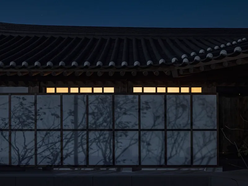Translucent screen wall with tree branch shadows beneath a curved tiled roof with ceramic cap tiles