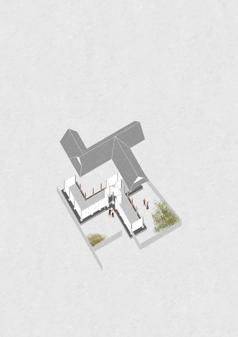 Axonometric drawing showing courtyard layout with tiled roofs and figures in the central space