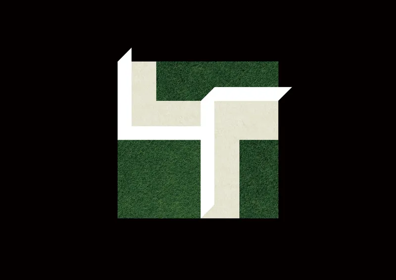 Material diagram showing a cross-shaped white volume intersecting with dark green textured surfaces on black background