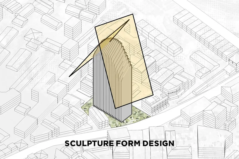 Axonometric drawing showing the tower with a curved sculptural crown element within the urban context