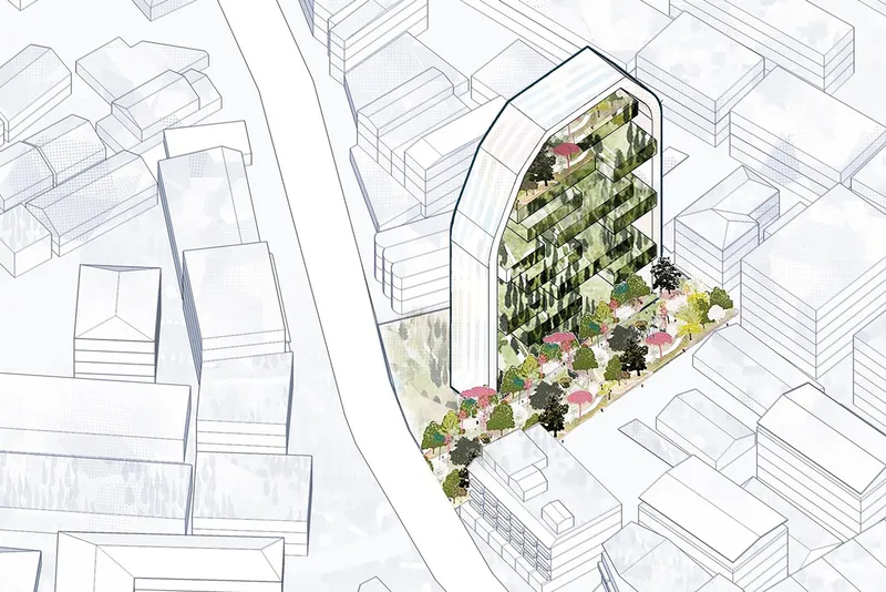 Axonometric drawing showing the planted balconies and green terraces integrated into the tower facade