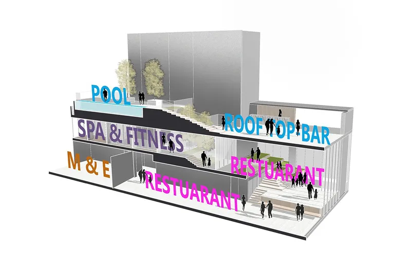 Section model drawing showing stacked program levels with figures and labeled amenity zones in color