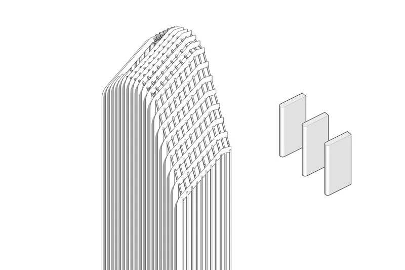 Axonometric drawing showing a tower with vertical ribbed facade and diagrid upper section with layered panels