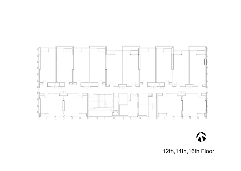 Typical floor plan drawing showing five rectangular units arranged along a central corridor with stairs