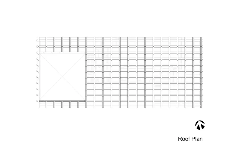 Roof plan drawing showing rectangular volume with regular grid of structural bays and diagonal element