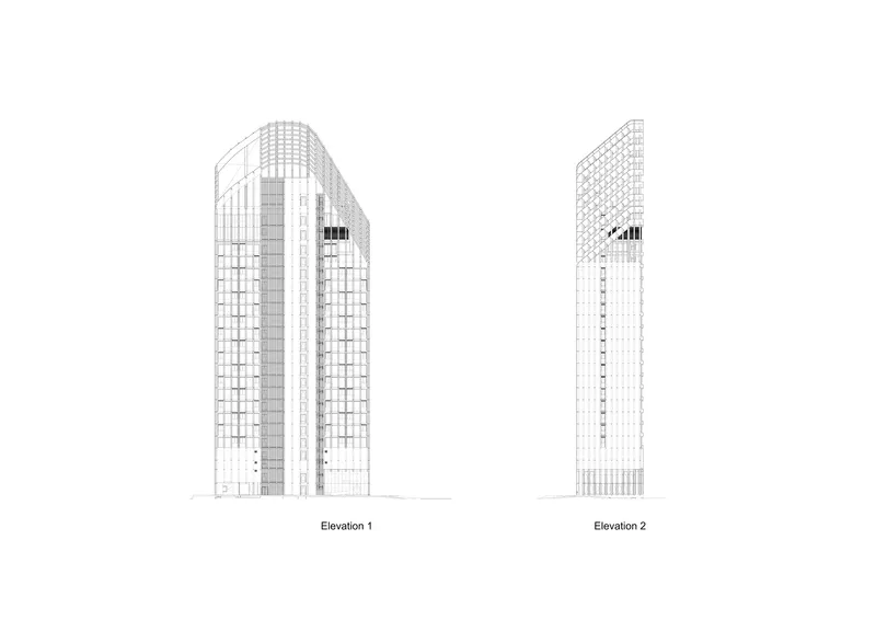 Elevation drawings of two high-rise towers with curved glass tops and grid facades