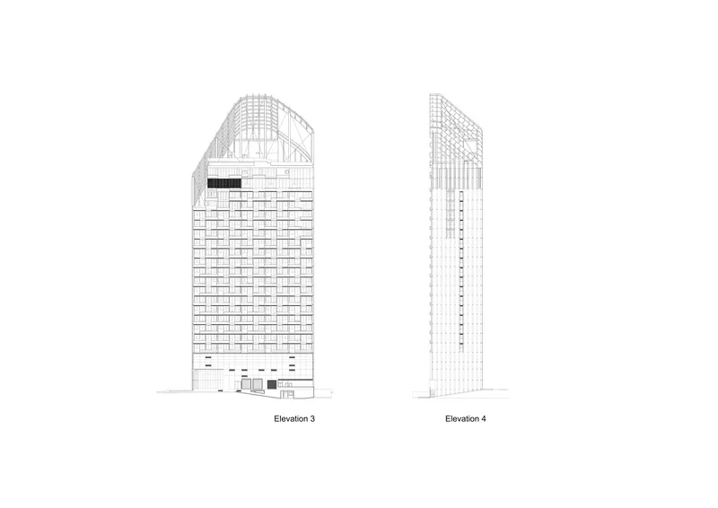 Elevation drawings showing two alternate facades of towers with rounded and angled roof profiles