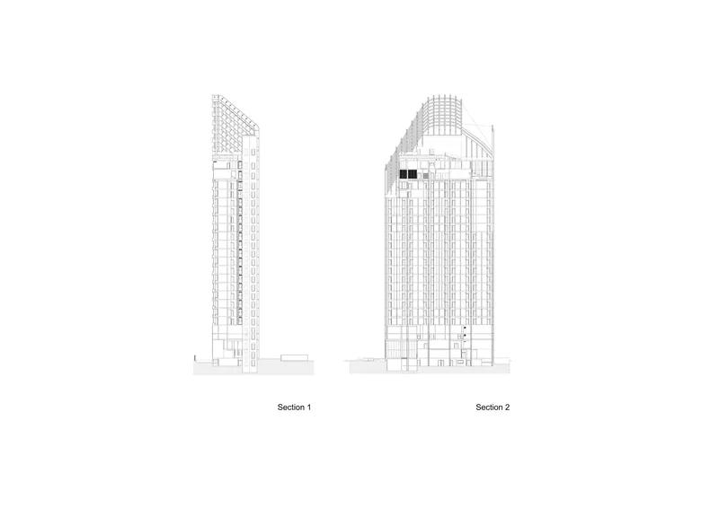 Section drawings cutting through twin towers revealing interior floor plates and structural systems