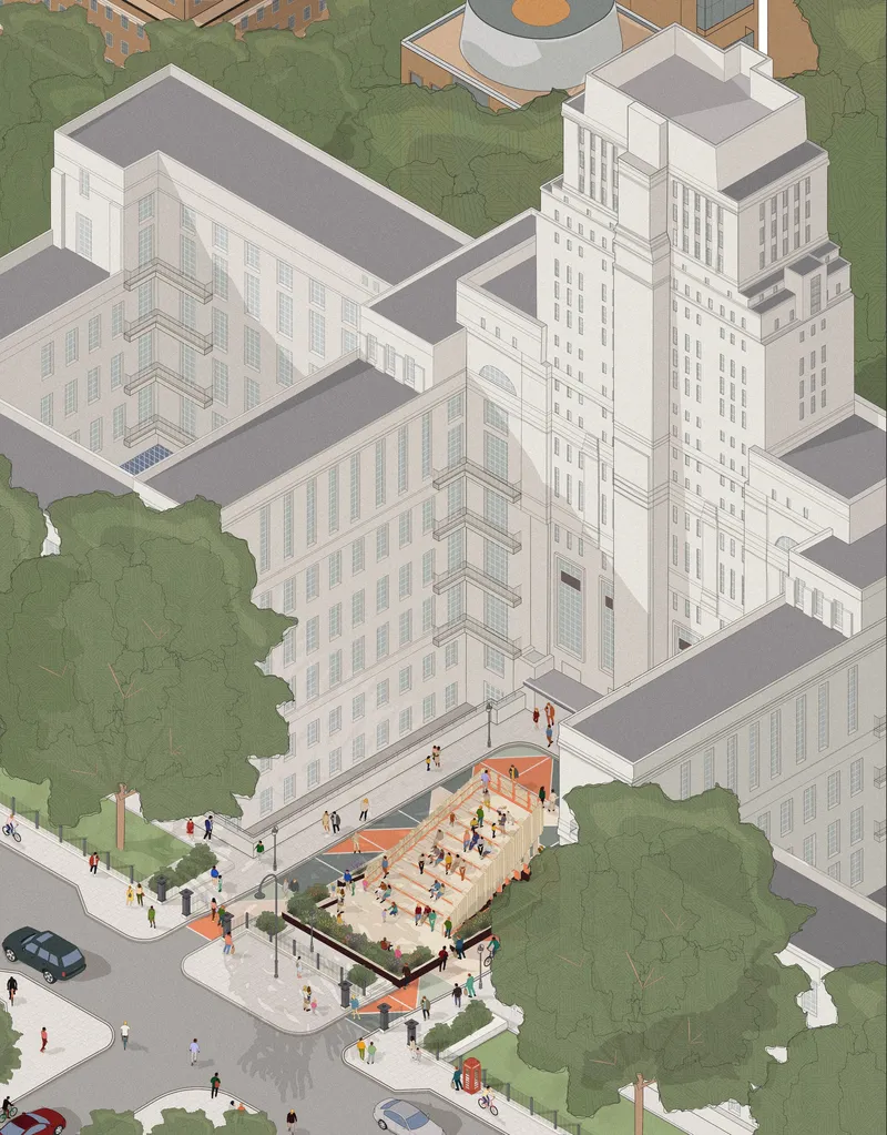 Axonometric drawing showing a stepped tower with courtyard wings and a public plaza with people