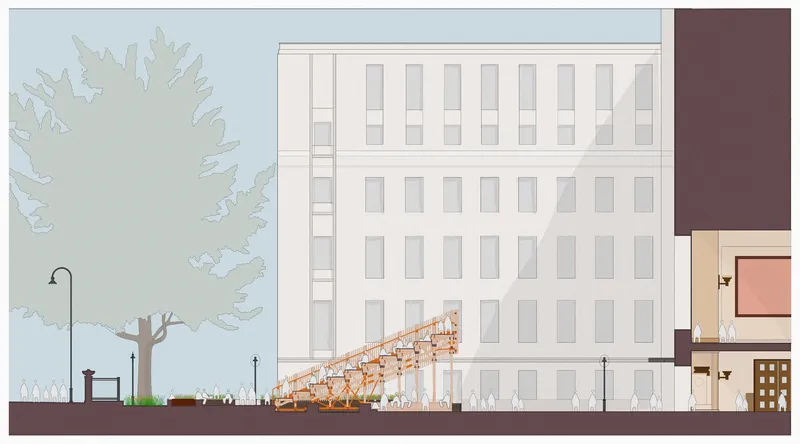 Elevation drawing showing a multi-story building with an angled street-level structure and tree canopy