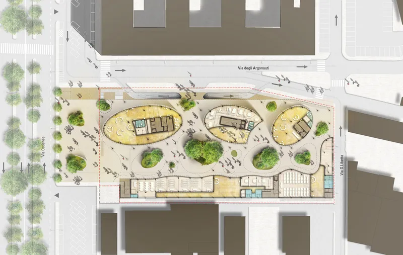 Site plan drawing showing three oval pavilions with yellow roofs surrounding circular green spaces and pedestrian pathways