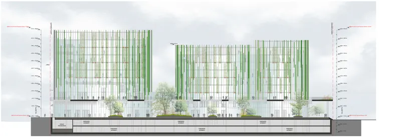 Elevation drawing showing three vertical glass towers with green striped facades above a horizontal base with trees