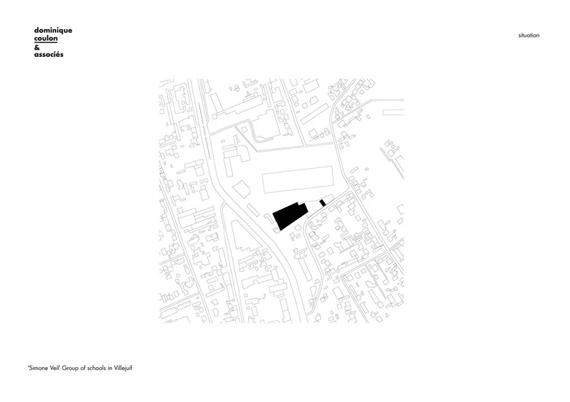 Site plan drawing showing a single angular building footprint in black within a network of surrounding streets