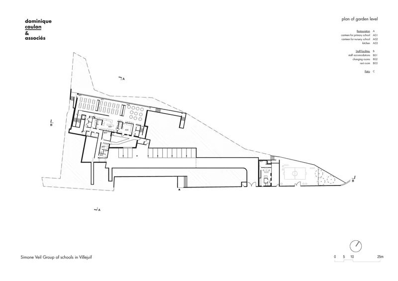 Garden level plan drawing showing classrooms along one edge and a large open courtyard with landscape