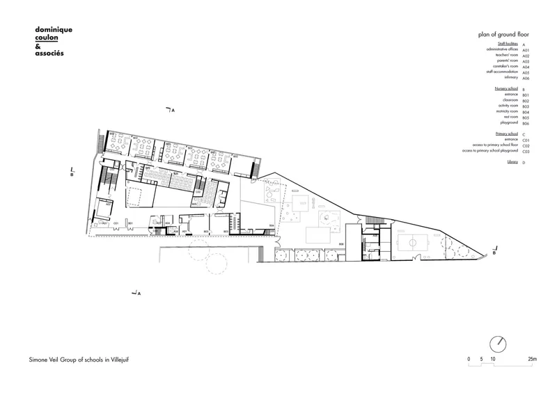 Ground floor plan drawing showing classrooms and circulation spaces arranged within an irregular triangular site