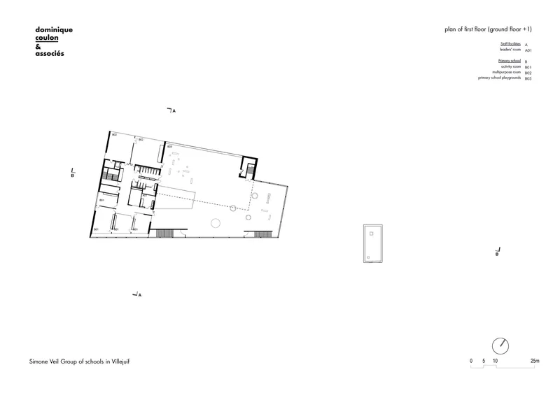 First floor plan drawing showing classrooms and open terrace area on an upper level