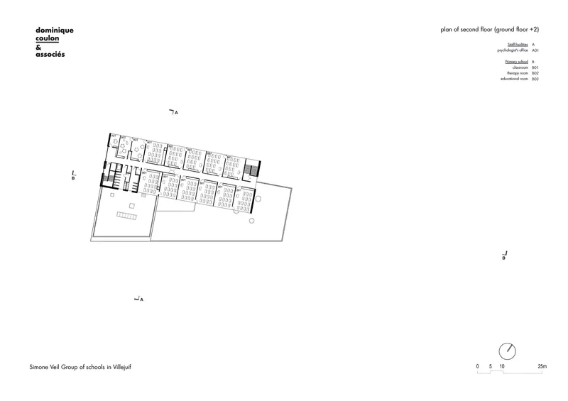 Second floor plan drawing showing a row of classrooms and library space with terrace