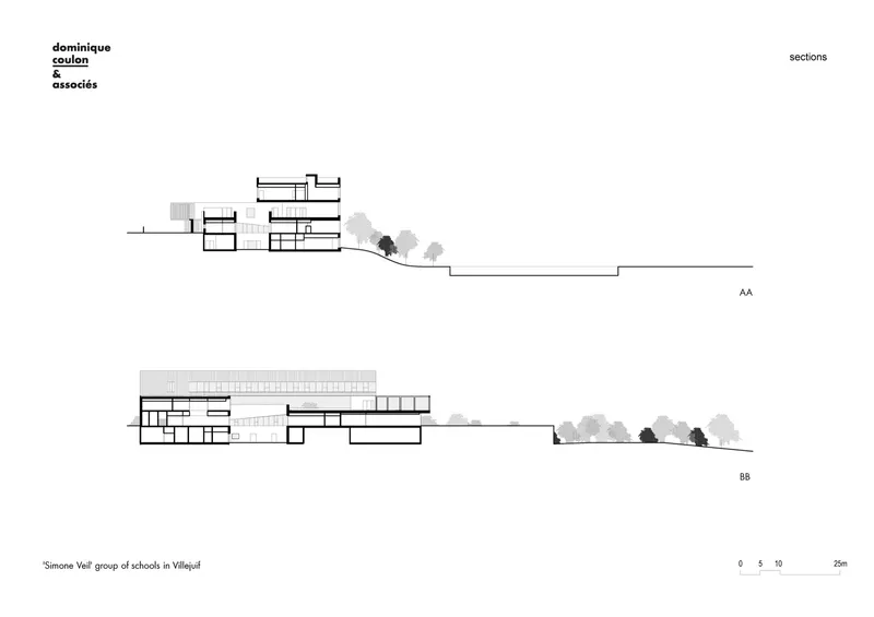 Section drawings showing two multi-level buildings with trees on sloping terrain