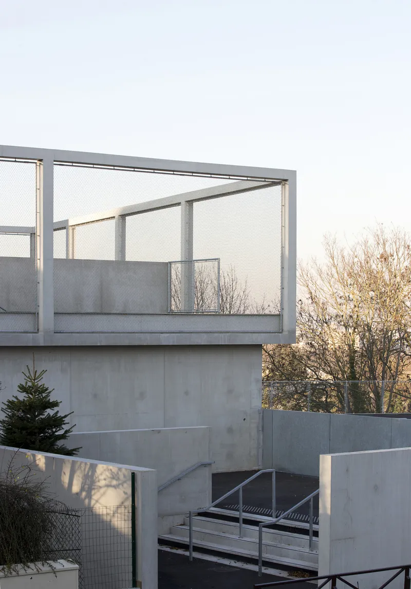 Concrete terrace with metal railing and mesh balustrade framed by bare trees in late afternoon light