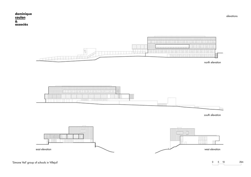 Elevation drawings displaying north, south, east and west facades of low-rise buildings on grade
