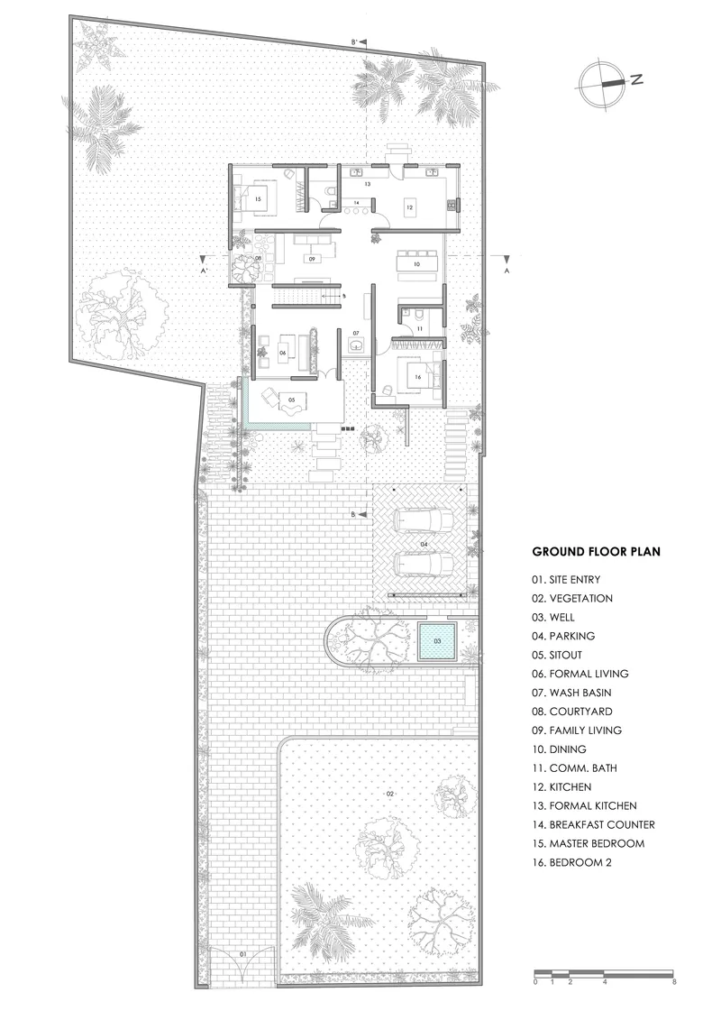Ground floor plan showing living spaces, courtyard, parking area, and surrounding landscape with trees