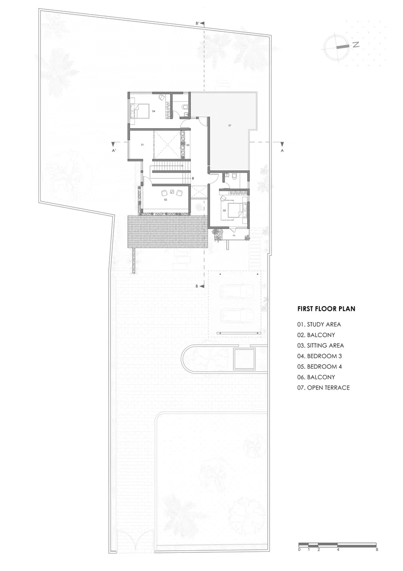 First floor plan showing study area, sitting room, bedrooms, and open terrace