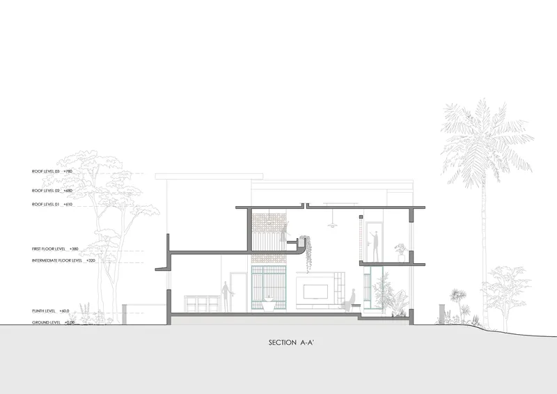 Building section drawing revealing interior spatial volumes, double-height spaces, and staircase with surrounding trees
