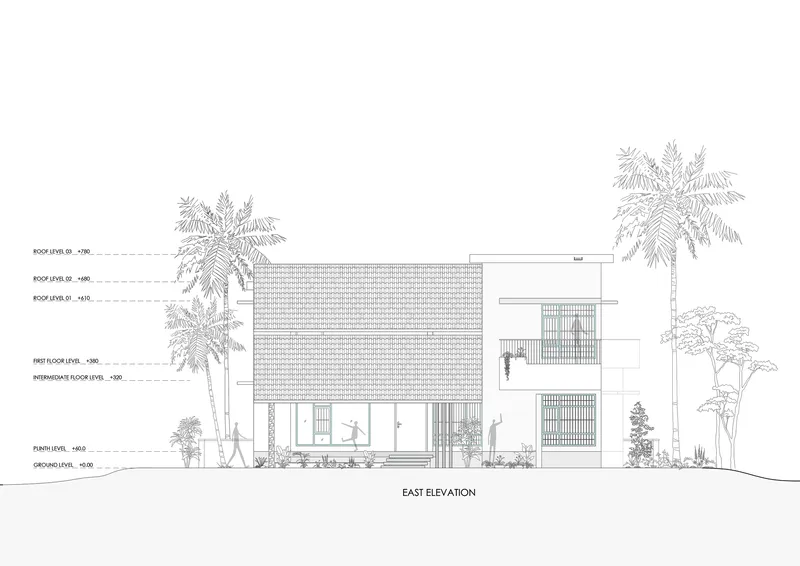 East elevation drawing showing textured facade, balconies, and palm trees framing the composition