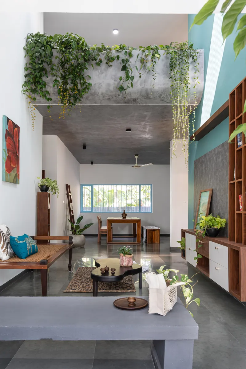 Interior view of double-height space with concrete ceiling supporting cascading vines and potted plants