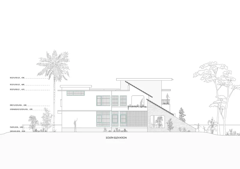 South elevation drawing depicting angled roofline, window patterns, and tropical vegetation around the structure
