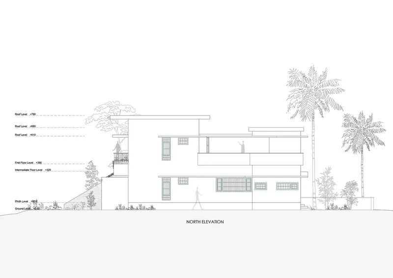 North elevation drawing showing a multi-level residence with horizontal slabs and palms
