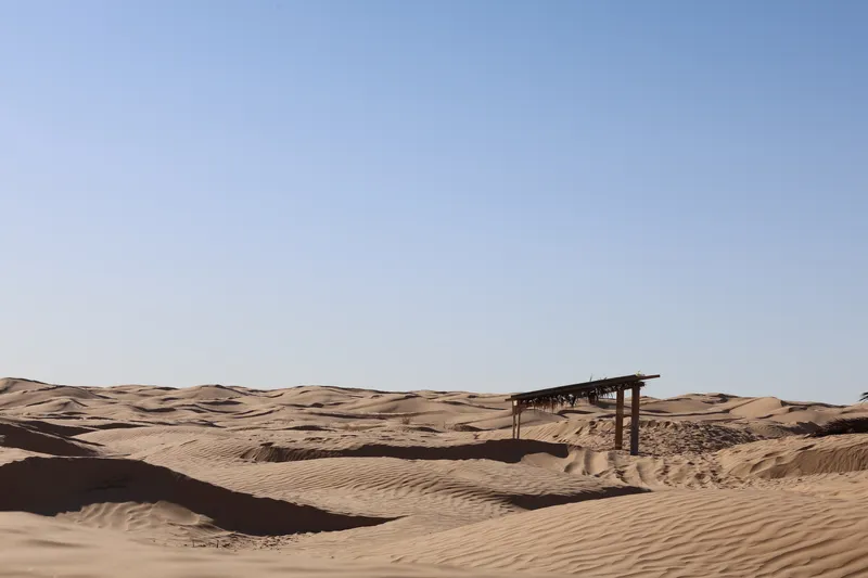 Timber post and beam shelter with thatched roof perched atop sand dunes under clear blue sky