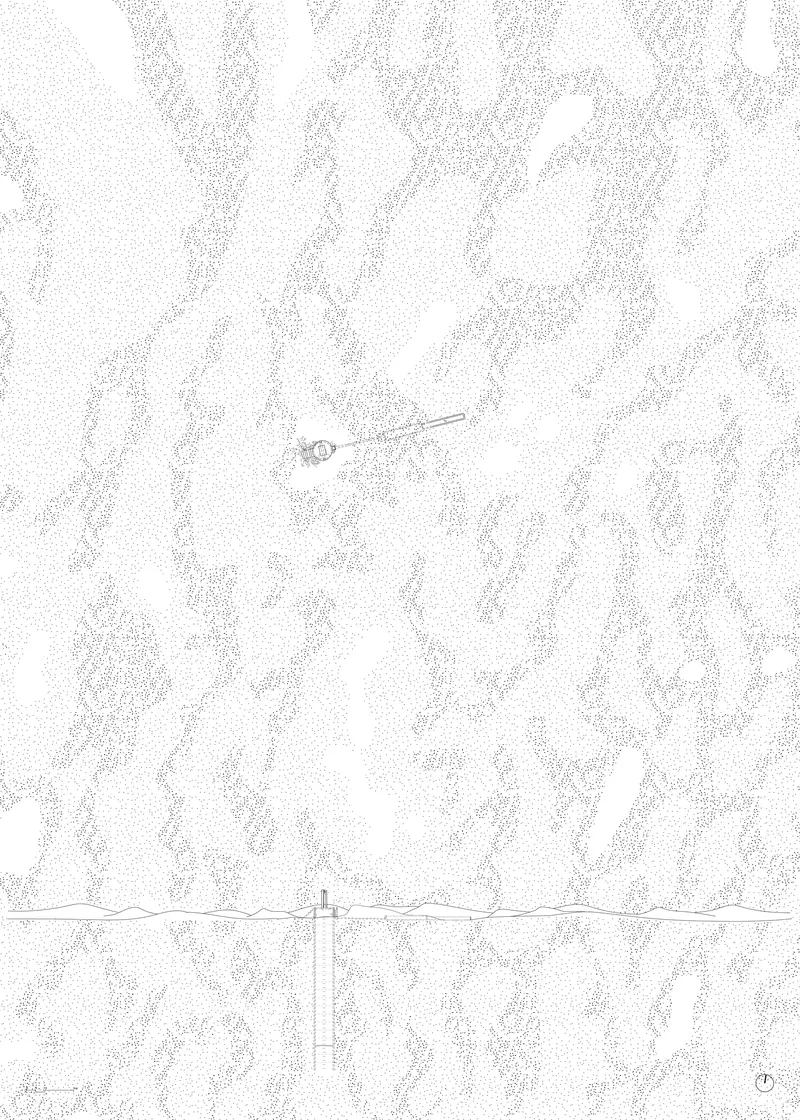 Aerial plan drawing showing a small structure and linear element within contoured terrain