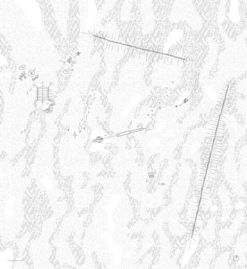 Site plan drawing depicting scattered structures and linear water channel through dotted topography