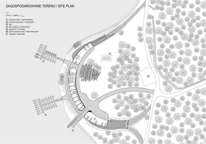 Site plan drawing showing the curving boardwalk, marina, amphitheater and surrounding forested areas