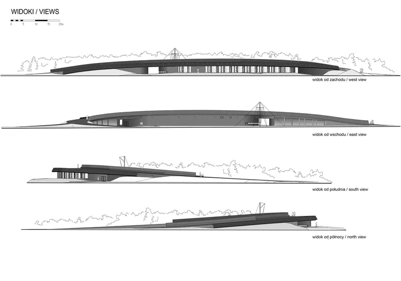 Elevation drawings depicting the low-slung building with curved roof and triangular mast from four cardinal directions