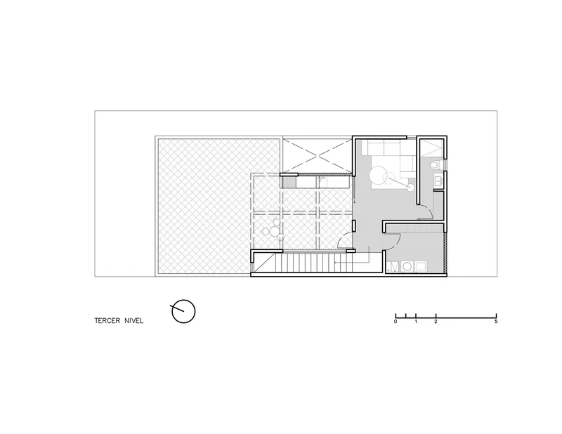 Third level plan featuring a roof terrace and a service room adjacent to the stairwell