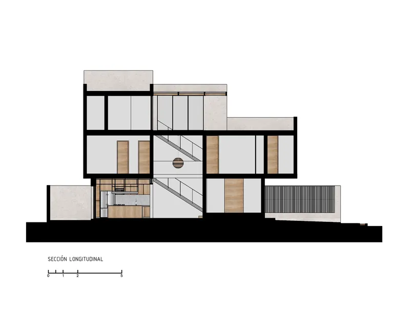 Longitudinal section illustrating the staggered floor plates and the vertical circulation connecting all levels