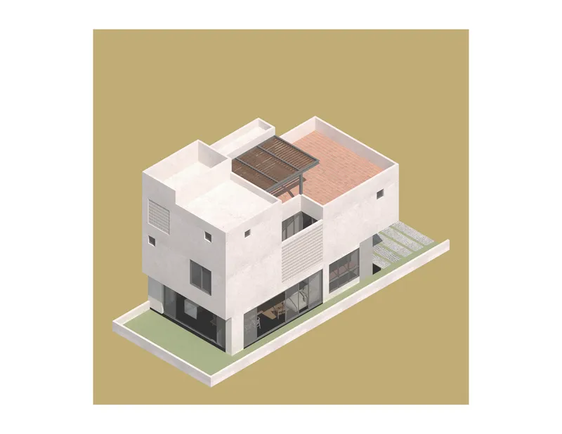 Axonometric drawing of the multi-level residence with white walls and a slatted rooftop screen