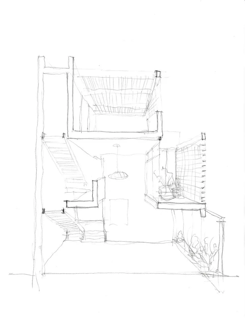Sectional sketch showing a multi-level interior space with staircases connecting the floors