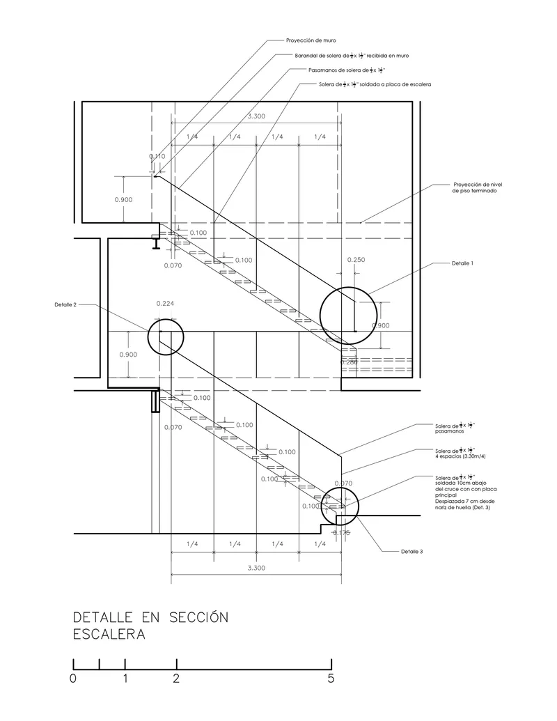 Technical section drawing detailing the staircase construction with dimensions and annotations