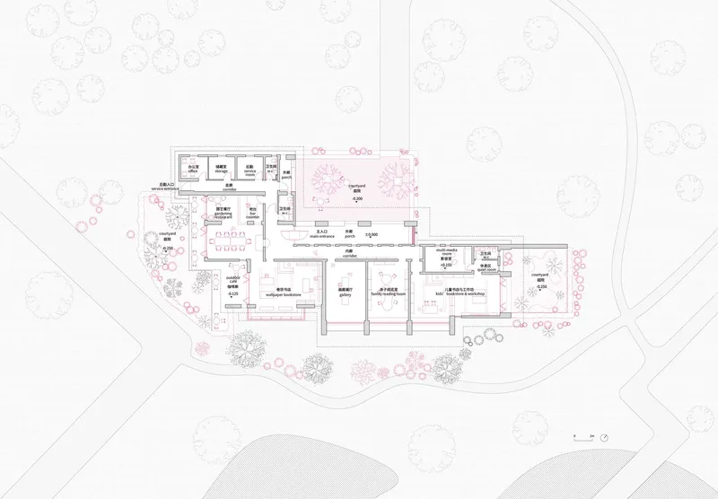 Floor plan drawing with room layouts, labeled spaces, and landscaping elements including trees and pathways