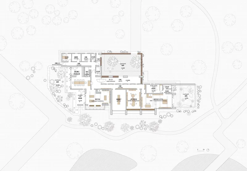 Floor plan drawing showing interconnected volumes arranged around courtyards with scattered trees