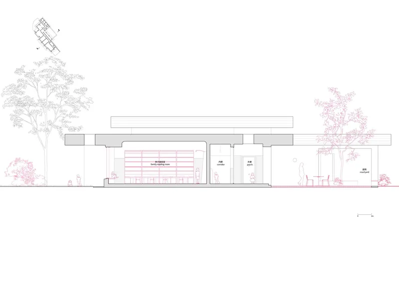 Sectional elevation drawing revealing flat roof volumes with flanking trees on either side