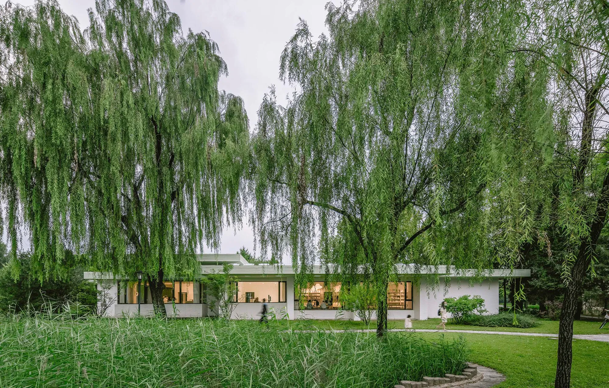 genarchitects Converts a Prairie-Style Villa into a Lakeside Bookstore in Beijing's Forest