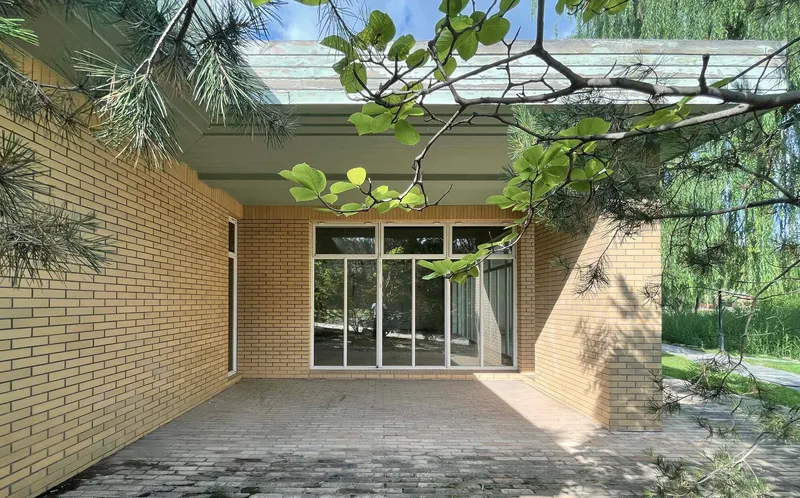 Entry courtyard with buff brick walls and glazed door beneath a timber pergola with leafy branches overhead