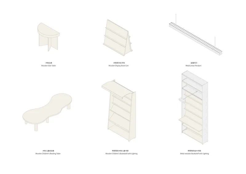 Axonometric drawing of custom furniture pieces including side tables, shelving units and a reading table