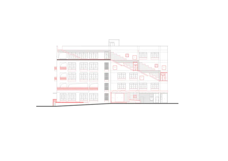 Elevation drawing showing the facade with repetitive window grid and sloped roofline additions
