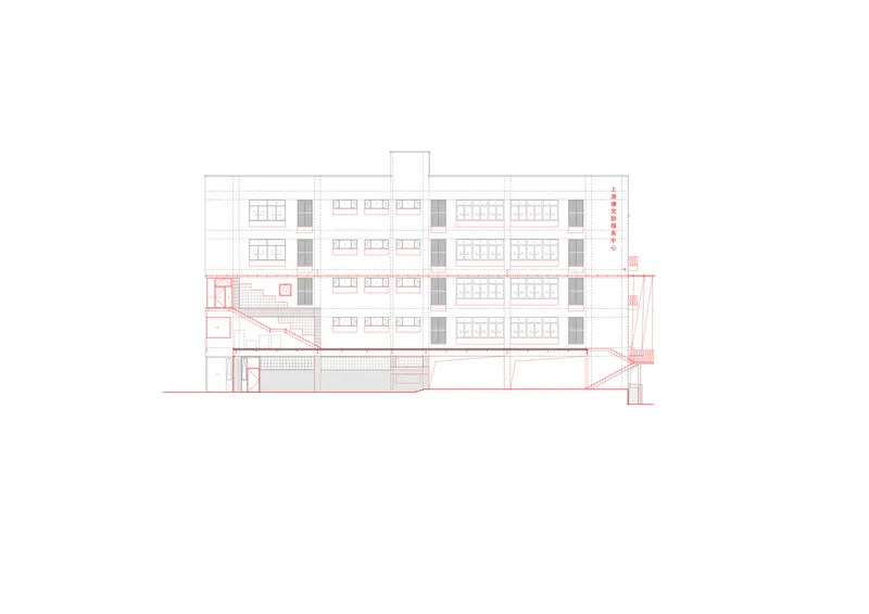 Section drawing showing interior levels, structural elements, and the diagonal stair connecting floors