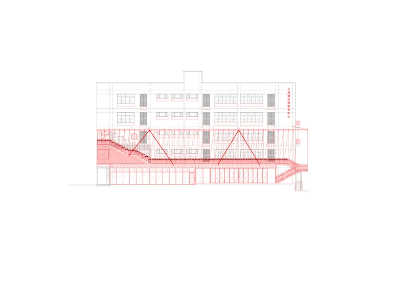 Elevation drawing showing a multi-story facade with red intervention overlays on lower levels